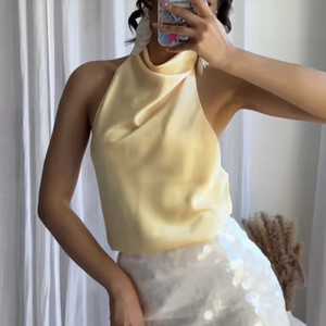 Zevity Kadın Kolsuz Yumuşak Dokunuşlu Halter Kaşkorse Kim McGlynn Star Wear Bluz <span class=keywords><strong>Tank</strong></span> Top Yaz ZA Marka Plaj Saten Polyester - Product Image 1