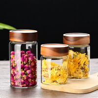 Pot de conservation rond en verre borosilicate transparent de qualité alimentaire, fait à la main, avec couvercle à vis en bois pour la cuisine