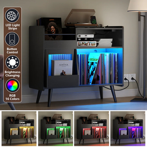 Sliding Door LED Lit <b>Record</b> Player <b>Stand</b> Vintage Wood Grain Vinyl Storage Cabinet 10W USB Charging Music Room Console - Product Image 2