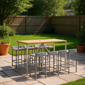 Ensemble de bar de jardin en bois d'acacia massif avec tabourets en rotin gris, mobilier d'extérieur 6 places, résistant aux intempéries, design contemporain - Product Image 2