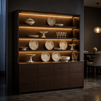 Buffet moderne en noyer foncé avec panneaux en contreplaqué, étagère ouverte intégrée à LED réglable pour salon, salle à manger, villa