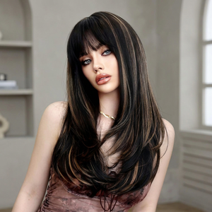 Perruques noires et blondes élégantes longues perruques droites brunes avec franges et reflets blonds fibre résistante à la chaleur pour dames - Product Image 1