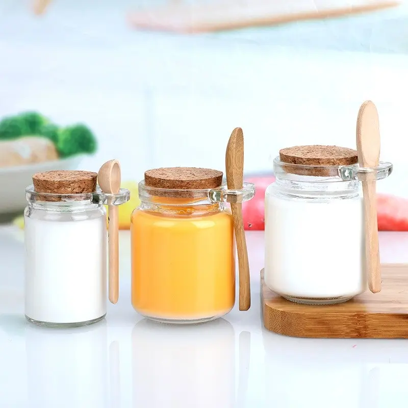 Food Grade Small 100ML Honey Bath Salt Storage Bottle Glass Spice Salt Pudding Milk Jars with Cork and Wooden Spoon