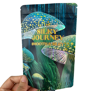 Bolsas de plástico impresas personalizadas para embalaje de setas, bolsas de Mylar de lámina dorada con efecto metálico mate, bolsas Ziplock de setas - Product Image 1