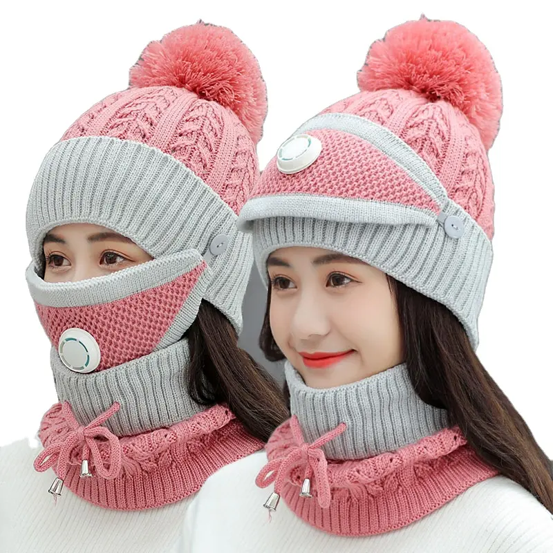 New type stocked customized winter knit beanie hats lady hat and scarf set