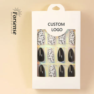Etiqueta privada personalizada Otoño Invierno Prensa en uñas almendra corta prepegada Punta de uñas falsas acrílico al por mayor uña falsa negra con pegamento - Product Image 5