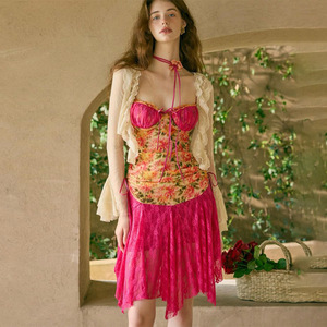 Robe de soirée transparente à manches trois quarts, style européen, pour femme, dos nu, imprimé floral, taille empire, jupe courte - Product Image 1