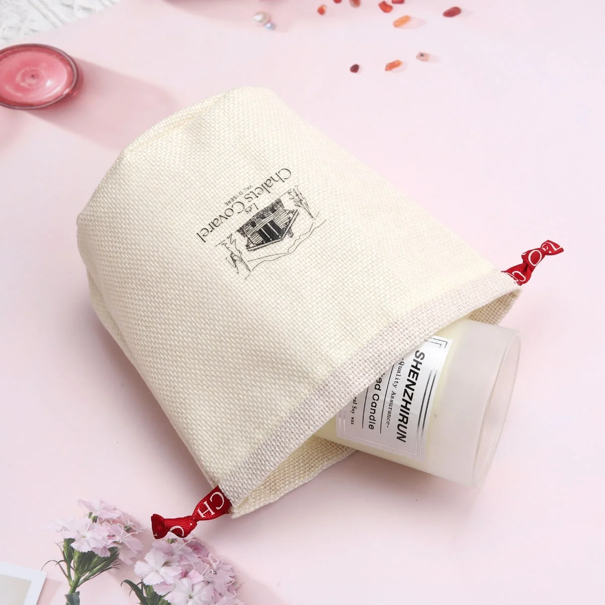 Organic Square Bottom Jute Candle Chocolate Pouch detail