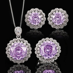 Parures de bijoux de mariage écologiques en cuivre pour femmes, avec fleurs, zircone cubique taille rose violette 14-10mm, pour mariée et banquet - Product Image 2