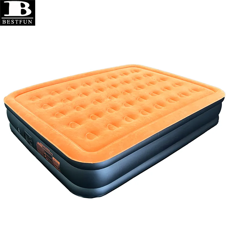 flocked surface queen sized inflatable orange high air mattress bed with built in electric pump raised airbed for home guest