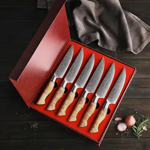 Juego de cuchillos de acero de Damasco japonés para cocina, set de 6 cuchillos de carne con mango de madera de árbol