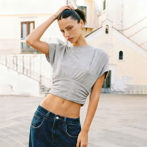 Camiseta Corta de Mujer, Manga Corta, Color Sólido, Tejido de Punto, Mezcla de Algodón, Cintura Ajustable, Casual, Ecológica, Corte Ajustado, para Verano - Product Image 2