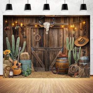 Toile de fond photographique personnalisable sur le thème du Western : Cowboy, Barn, <span class=keywords><strong>Cactus</strong></span>, Guitare, Tauren – Idéale pour Anniversaire, Fête, Baby Shower - Product Image 1