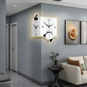 NISEVEN Living Room Fashion Decoration Art 3d Wall Clock Creative Panda Corner Double Sided Wall Clock With Light