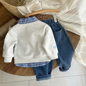 Set Felpa con Cappuccio e Pantaloni in Cotone per Ragazzi, Nuovo Stile Primavera/Autunno 2025, Due Pezzi con Motivo <span class=keywords><strong>a</strong></span> Quadri e Cartoni Animati - Product Image 4