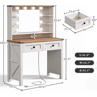 Coiffeuse de style farmhouse avec miroir éclairé et station de charge, en bois blanc avec tiroirs, vente en gros