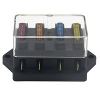 Bloque de Fusibles de Cuchilla para Auto de 12V/24V y 4 Vías con Montaje a Través de Orificio, Construcción de Metal y Plástico, Capacidad de Ruptura de Fusibles de 5A-20A