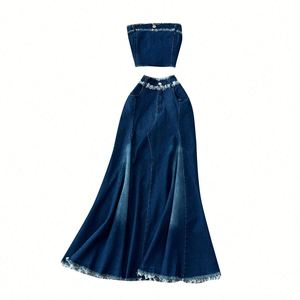 Y2K Summer Solid Woven Strapless <b>Sexy</b> 2 Piece <b>Set</b> for Women Sleeveless Tube Top and High Waist Midi Denim Skirt Wholesale - Product Image 5