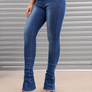Jeans en denim stretch chic pour femmes, taille haute, froncés, empilés, jeans évasés pour femmes - Product Image 4