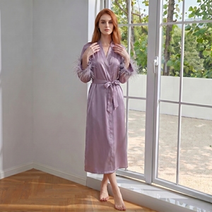 Pigiama da <span class=keywords><strong>donna</strong></span> taglie forti in finta seta viola con bordo in pelliccia, lussuoso e morbido, stile <span class=keywords><strong>accappatoio</strong></span>, comodo per il tempo libero a casa - Product Image 4