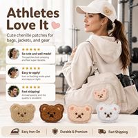 Patchs brodés thermocollants ou à coudre en chenille douce, motif visage d'ours en peluche, yeux bleus, blancs, marron, crème, brun, effet duveteux