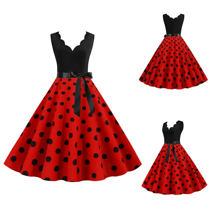 Summer Retro Dress Polka Dot Patchwork Sleeveless Dress 50's 60's Rockabilly Swing Party Dress