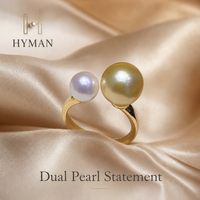 Bague de luxe plaquée platine à double perle avec perle dorée des mers du Sud de 10-11 mm et perle Akoya de 7-8 mm, inspirée des célébrités, réglable