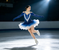 Robe de patinage artistique bleu foncé et blanc dégradé, épaules dénudées, dos croisé, jupe de performance ornée de strass
