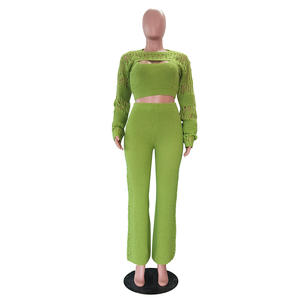Yeni örgü kadın 3 parça Set kıyafet Hollow-out uzun kollu üst ve pantolon rahat kadın kıyafetler Streetwear - Product Image 2