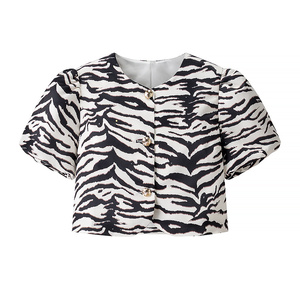 Conjunto de 2 Piezas para Mujer, <span class=keywords><strong>Blusa</strong></span> de Manga Corta <span class=keywords><strong>con</strong></span> Cuello Redondo y Botones en Color Blanco y Negro, <span class=keywords><strong>Falda</strong></span> <span class=keywords><strong>con</strong></span> Estampado <span class=keywords><strong>Animal</strong></span> y Cierre de Cremallera, Estilo Casual - Product Image 2