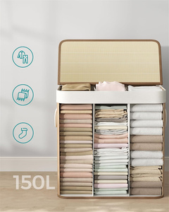 150 L 3 compartiments couvercle <span class=keywords><strong>à</strong></span> clipser panier de collecte de <span class=keywords><strong>linge</strong></span> en <span class=keywords><strong>bambou</strong></span> pliable avec poignées pour la buanderie, la chambre et la salle de bain - Product Image 4
