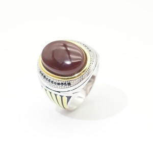 アラビアタイプ925シルバーラウンドレッドナチュラル瑪瑙メンズリングブラックCZ - Product Image 1