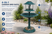 Estación de Baño para Pájaros Solar Cuatro en Uno con Comedero LED, Jardinera, Base de Piedra, Resina Resistente a la Intemperie para Decoración de Jardín