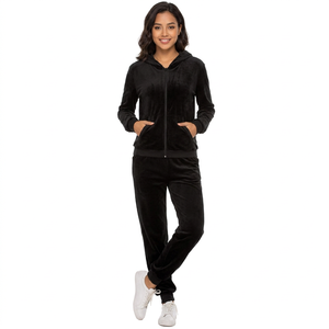 Custom Manufacturer Women <b>Velour</b> Breathable Winter <b>Tracksuit</b> 2-Piece Solid Black Full Sleeve Hooded Zipper Front Casual Jogger - Product Image 1