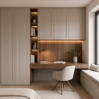 Armoires de bureau avec rangements à cadre taupe, bureau couleur noyer et étagères lumineuses