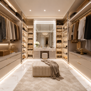 <span class=keywords><strong>Armadio</strong></span> Moderno Bianco Lucido con Apertura a Spinta, Senza Maniglie, con Isola Vanity in Marmo, Espositore per <span class=keywords><strong>Scarpe</strong></span>, a L, Personalizzato per Camera da Letto - Product Image 2