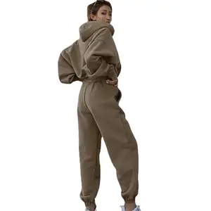 Sweat-shirt à capuche surdimensionné en coton biologique pour femme, haut court en velours, ensemble de 2 pièces
