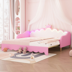 Modern Twin Extending Daybed with LED Lights, Modern Upholstered Princess Daybed With Crown Headboard Pink for Hotel Use - Product Image 2