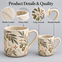 Tasse à café en céramique marbrée Olive Branch, motif floral botanique, en porcelaine, motif personnalisé, couleur, boîte cadeau, vente en gros
