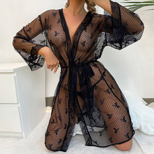 <span class=keywords><strong>Bata</strong></span> de dormir sexy para <span class=keywords><strong>mujer</strong></span>, de verano, con estampado floral, cuello en V, cintura elástica, encaje, malla transpirable y manga larga - Product Image 3