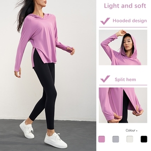 Xsunwing légèrement nu à capuche Yoga hauts à <span class=keywords><strong>manches</strong></span> <span class=keywords><strong>longues</strong></span> lâche et confortable vêtements de Yoga <span class=keywords><strong>sport</strong></span> <span class=keywords><strong>haut</strong></span> de fitness à la mode respirant t-s - Product Image 3