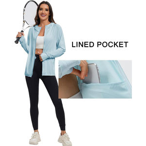 <b>Women</b> <b>Light</b> Blue Hooded Zip-Up Sun Protection <b>Jacket</b> Full Sleeve Anti-Uv Solid Color Regular Fit with Pockets - Product Image 6