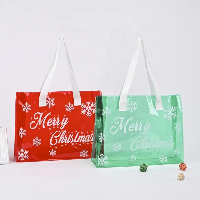 Fashion stock L size PVC gift christmas tote bag accept to add logo and wording