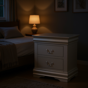 Comodino con Finitura Platino, 2 Cassetti, Piano in Metallo, Arredamento Contemporaneo per Camera da Letto - Product Image 2