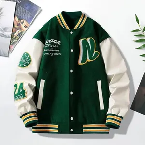 Wholesale Men's Striped Letter Jacket Pattern Baseball Coat With Stand Collar Pockets Loose Long Sleeve Bomber Varsity Jacket