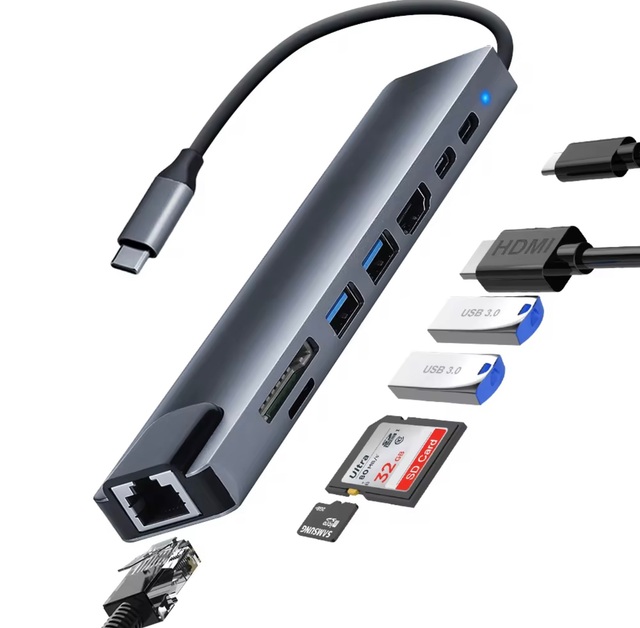 8-in-1 USB C Hub with 4K HDTV Port 100M Ethernet 100W PD SD/TF Card Reader for Laptop Docking Station for MacBook Pro