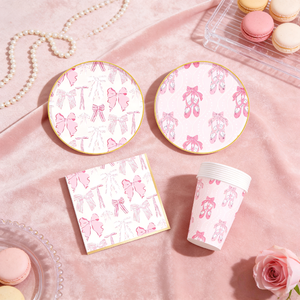 ชุดอุปกรณ์จัดงานเลี้ยงวันเกิดเด็ก DAMAI Wedding Princess Party  ลายโบว์สีชมพู  ประกอบด้วยจาน ชาม แก้วกระดาษ และผ้าเช็ดปากแบบใช้แล้วทิ้ง - Product Image 1