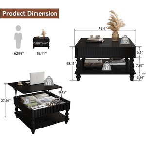 31.5 Inch <b>Square</b> Fluted Lift Top <b>Coffee</b> <b>Table</b> <b>With</b> Hidden <b>Storage</b> Hydraulic Raising Mechanism Retro Solid Wood Legs - Product Image 5