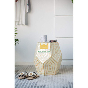 Mesa de Centro Hexagonal Azul Madreperla, Decorativa en Blanco y Amarillo, Multifuncional, de Lujo, Moderna, para Sala de Estar - Product Image 3