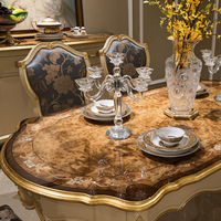 Table à manger rectangulaire beige en placage naturel laqué, style antique français, avec 6 à 8 chaises rembourrées brodées bleues, ensemble de salle à manger antique